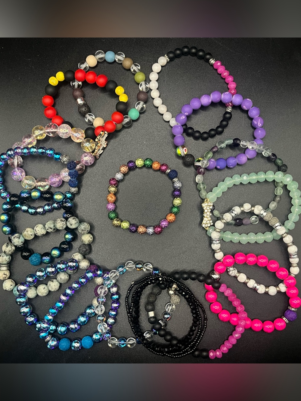 20 Beaded Natural Stone & Glass Bracelets- Adult & Kids Sizes Mixed Lot